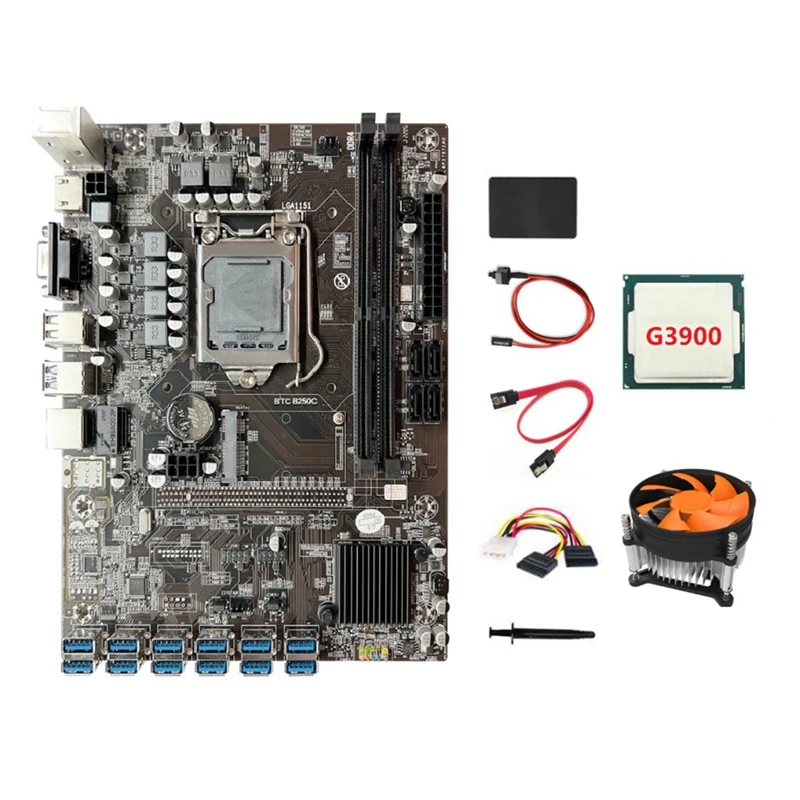 

B250C BTC Mining Motherboard Combo 12GPU PCIE To USB3.0 Slot LGA1151 G3930 CPU+4PIN To SATA Cable+Cooling Fan+SSD 128G