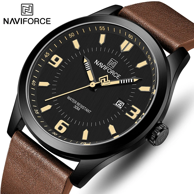 

Часы NAVIFORCE Мужские кварцевые, роскошные брендовые модные водонепроницаемые спортивные в стиле милитари, с кожаным ремешком, с датой