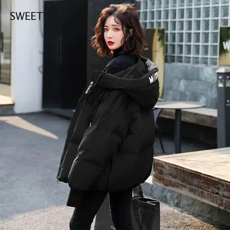 Korean Style 2022 Winter Jacket Parkas Women Stand Collar Solid Black White Female Hood Coat Loose Oversized Womens Short Parka