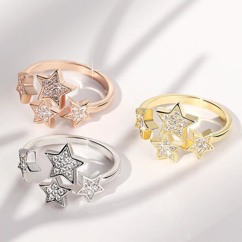 

Double Fair Adjustable Rings For Women Little Star Exquisite Personality Cubic Zirconia 3 Color Party Gift Fashion Jewelry