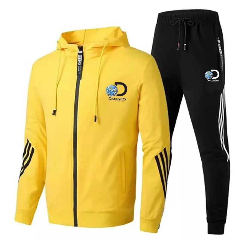 

Fall Winter Discovery Channel Two Piece Men's + Fashion Sweatpants Hoodie Jacket Casual Sportswear Sweatpants Padded Hooded Set