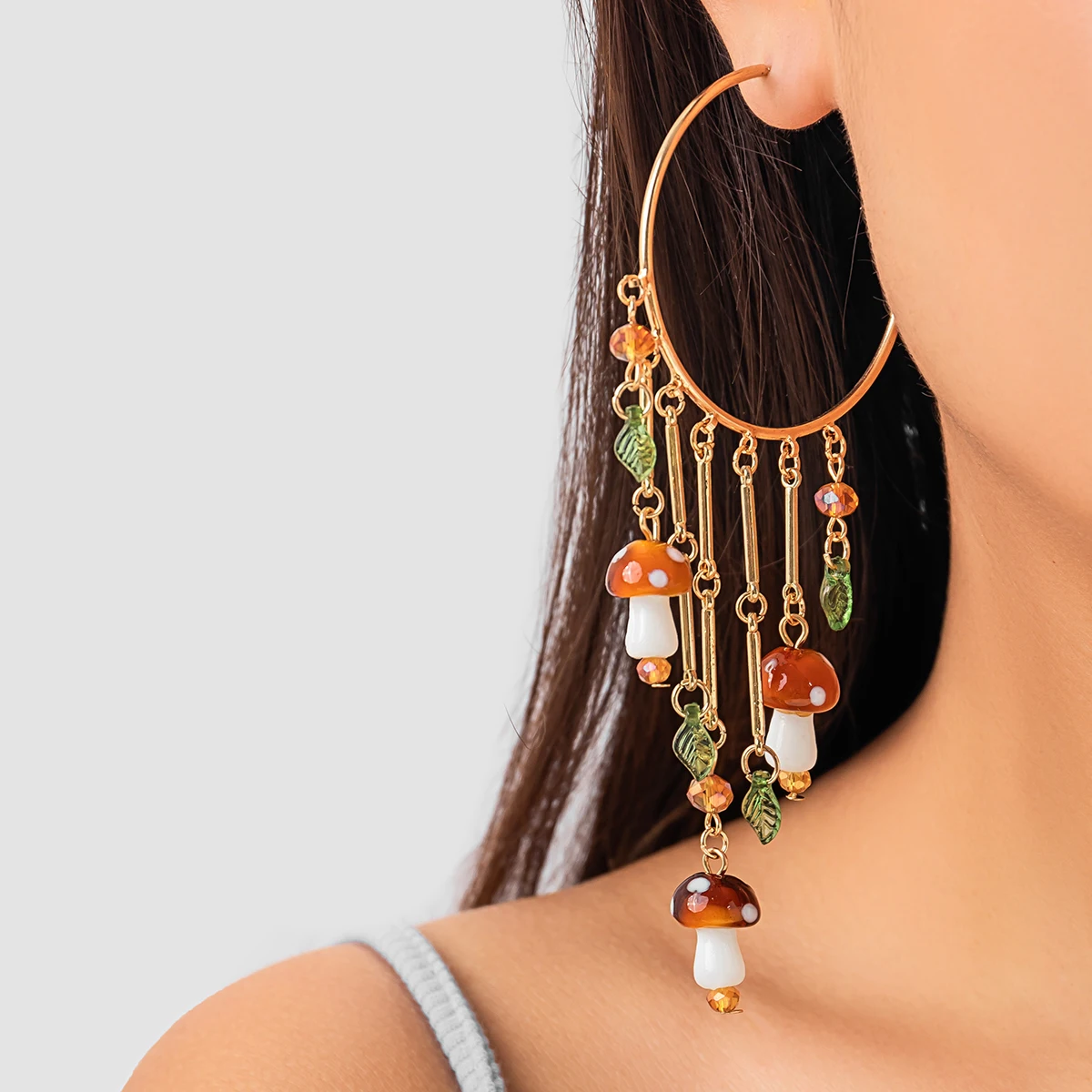 

Y2K Big Circle with Colorful Beads Tassels Drop Earrings for Women Trendy Summer Mushroom Pendant Earrings Hanging Fashion Gifts