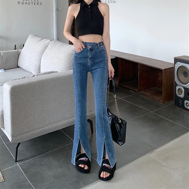 N1187   Straight-leg jeans women's spring new high-waisted slim all-match slim stretch slit pants jeans