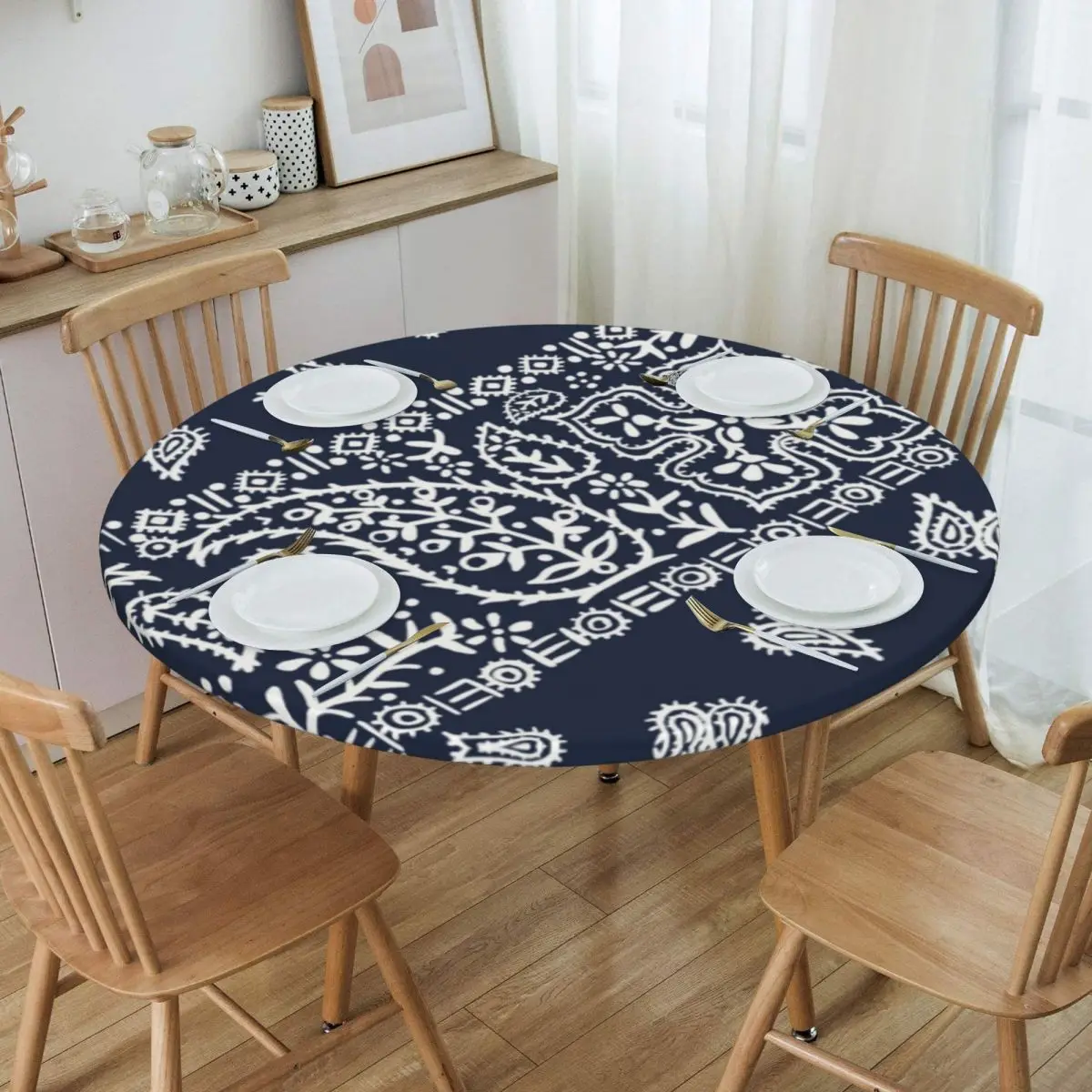 

Круглая Водонепроницаемая маслостойкая Скатерть с рисунком бандана, подложка, эластичные кромки, скатерти для стола, 40-44 дюймов, подходящая скатерть