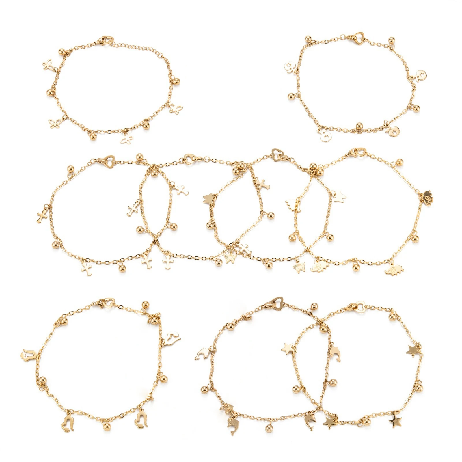 

10Pcs Stainless Steel Charms Bracelets with Cross Star Heart Butterfly Animal Pendants Chain Bracelet For Women Jewelry Gifts