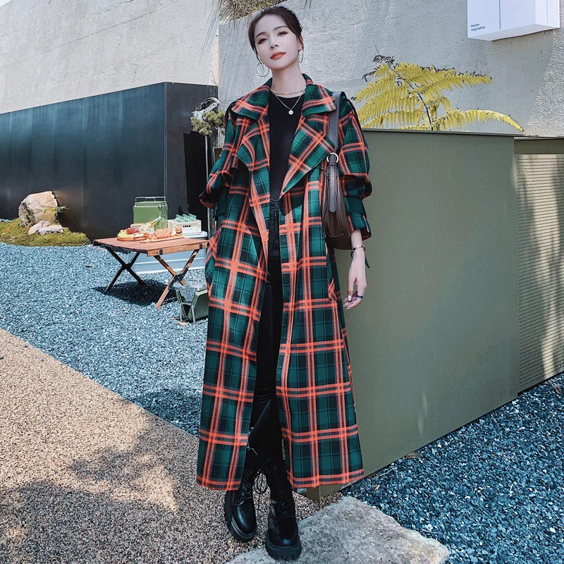 

Brand New Long Plaid Trench Coat Women Windbreaker With Belt High Street Lady Lady Duster Coat Female Outerwear Autumn Spring