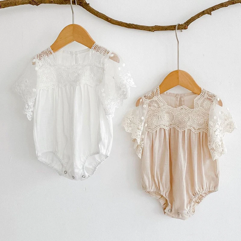 Summer 0-24M Infant Baby Girls Jumpsuit Baby Girl Bodysuits Solid Color Cotton Short Sleeve Lace Stitching Toddler Baby Romper
