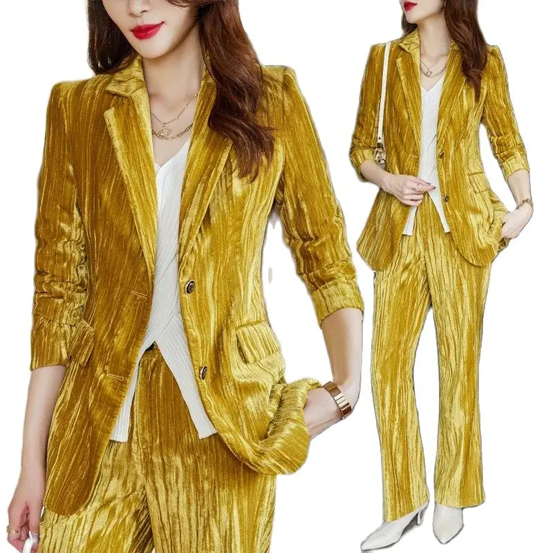 Yellow blue velvet suit wide leg long pants coat women's spring dress 2022 temperament top high-end professional casual gold vel