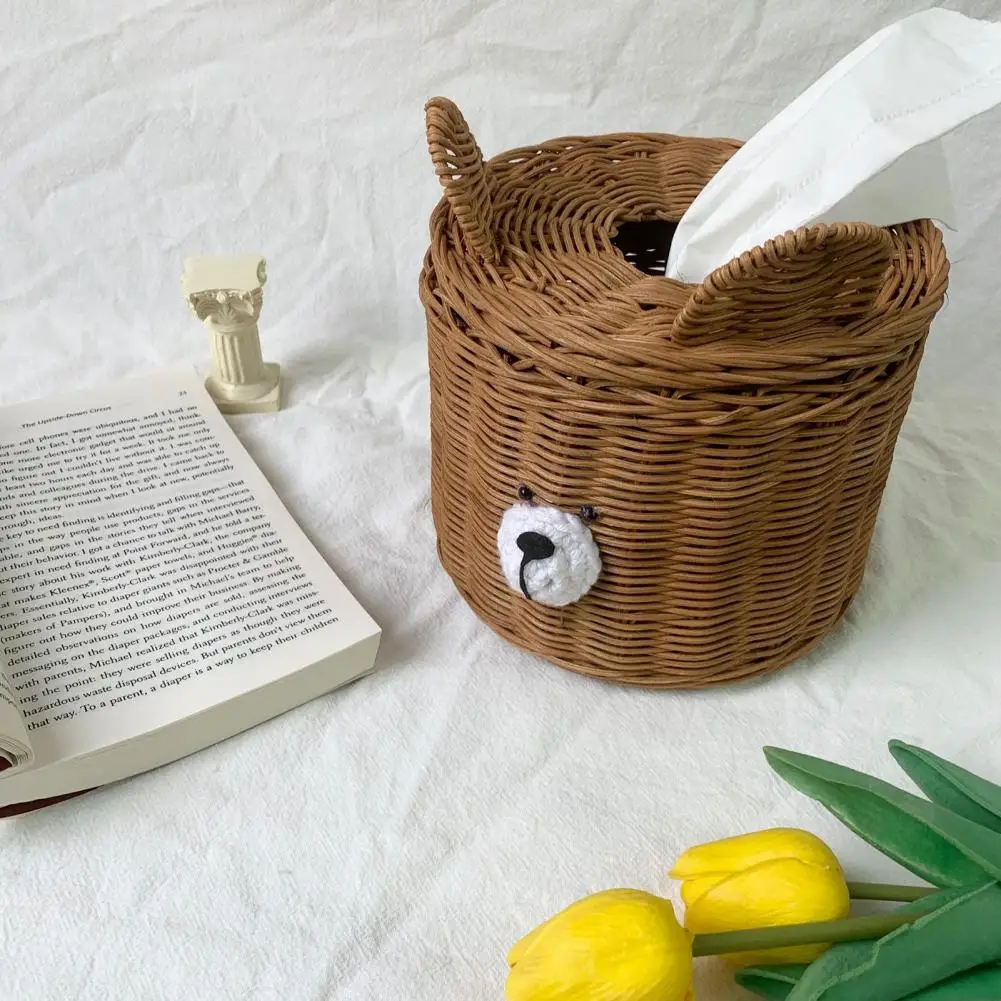 

Good Portable Eco-friendly Practical Handmade Bear Rattan Tissue Box Desktop Decoration Paper Box Sturdy Construction