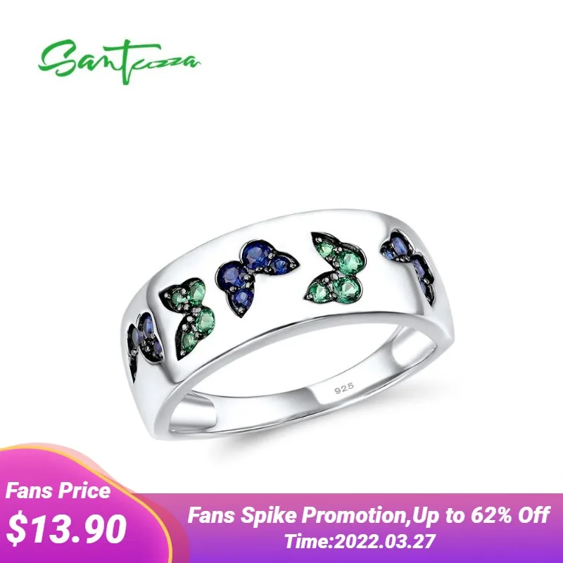 SANTUZZA خاتم فضة للنساء 925 فضة تألق مكون الأزرق الياقوت الأخضر الإسبنيل الفراشة العصرية غرامة مجوهرات