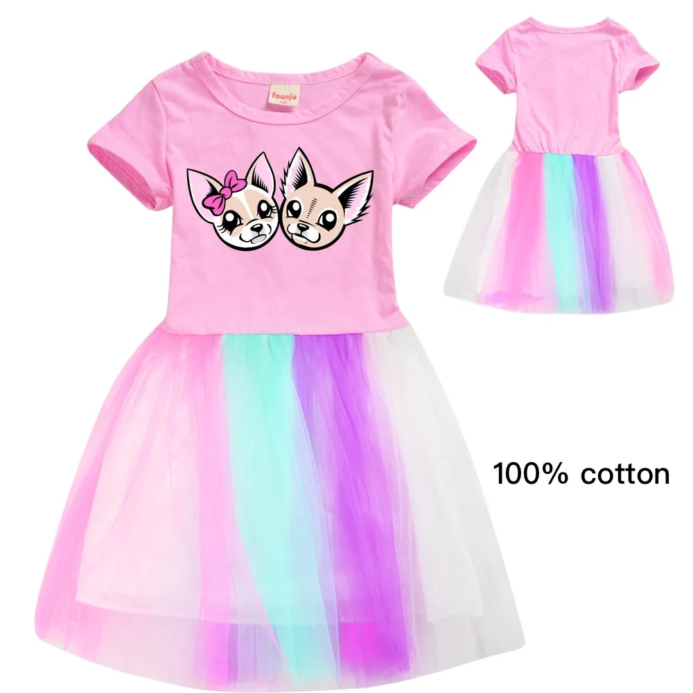 

Me Contro Te Summer Girls Dress Short Sleeve Kids Tutu Dress Patchwork Girls Party Vestidos Rainbow Cartoon Children Dress 3-12Y