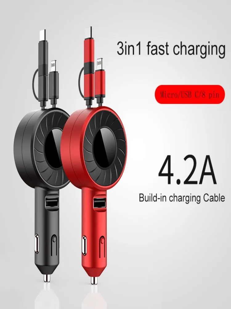 

3 in 1 Car Charger 4.2A 5V 20W Fast Charging for iPhone Xiaomi Huawei Samsung with Telescopic Charging USB Cables Adapters Typec