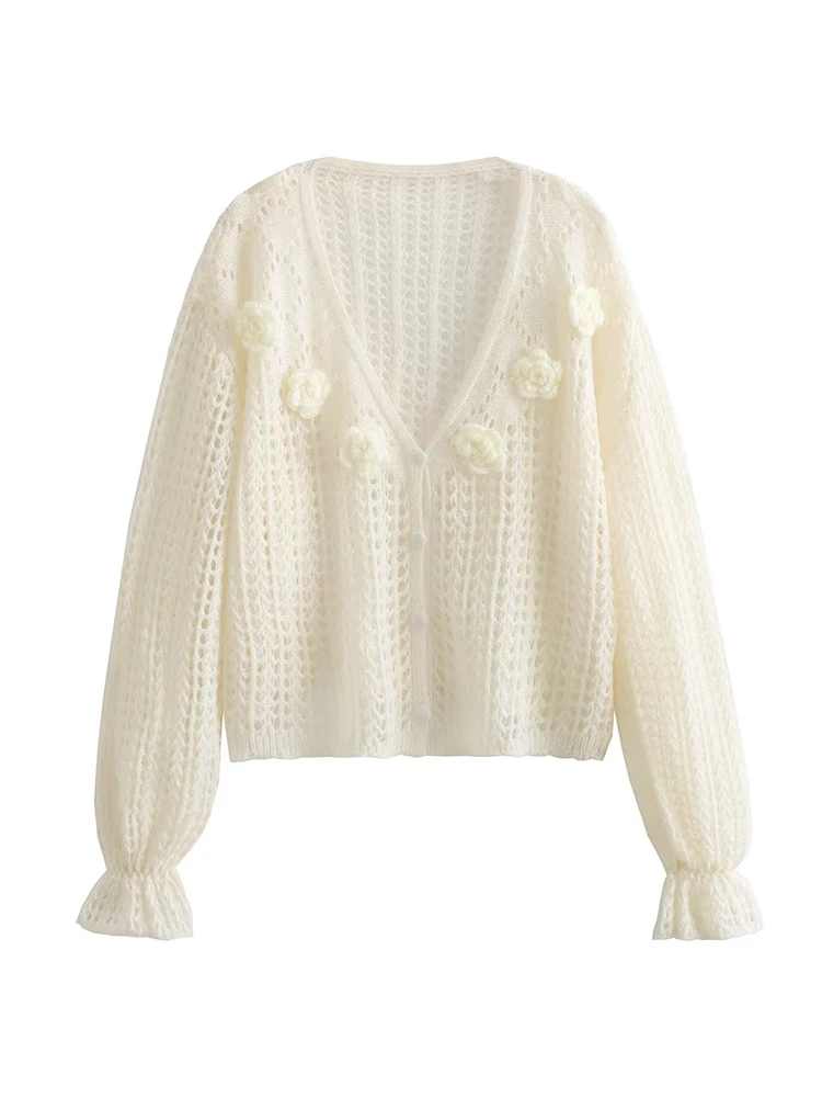 

YENKYE Autumn Women Beige Floral Appliques Hollow Out Cardigan Long Sleeve V Neck Female Sweater Outerwear