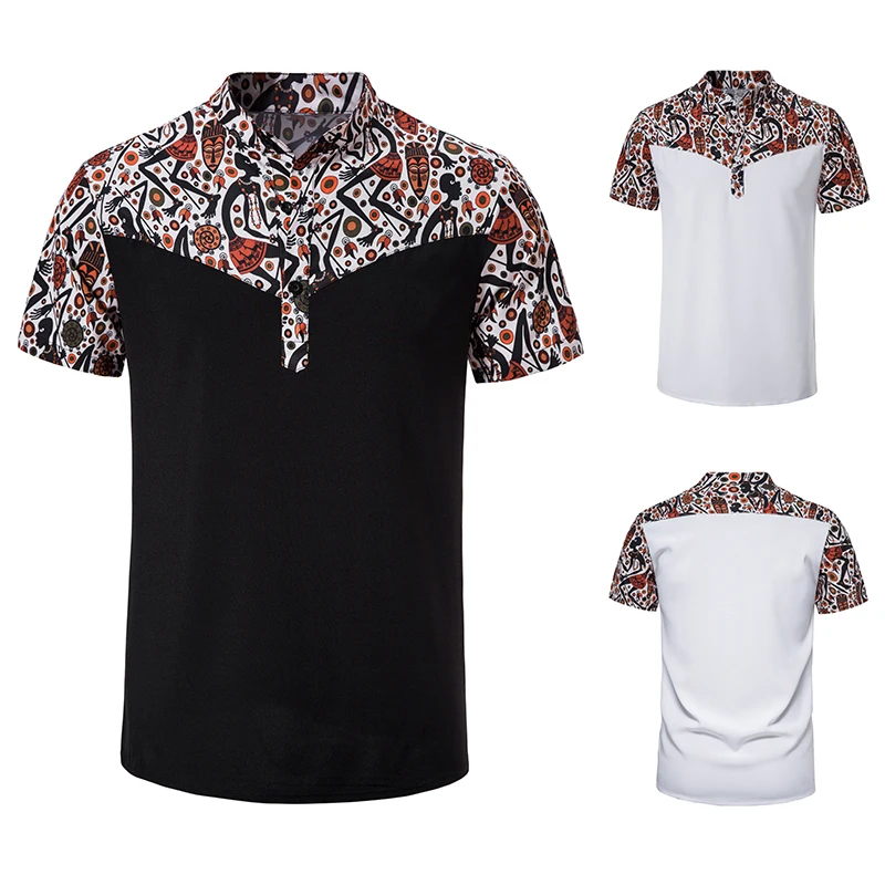 

Fashion Africa Printed Patchwork Design Shirts for Men Short Sleeve Shirt With Buttons Tradition Stand Collar Party Dress