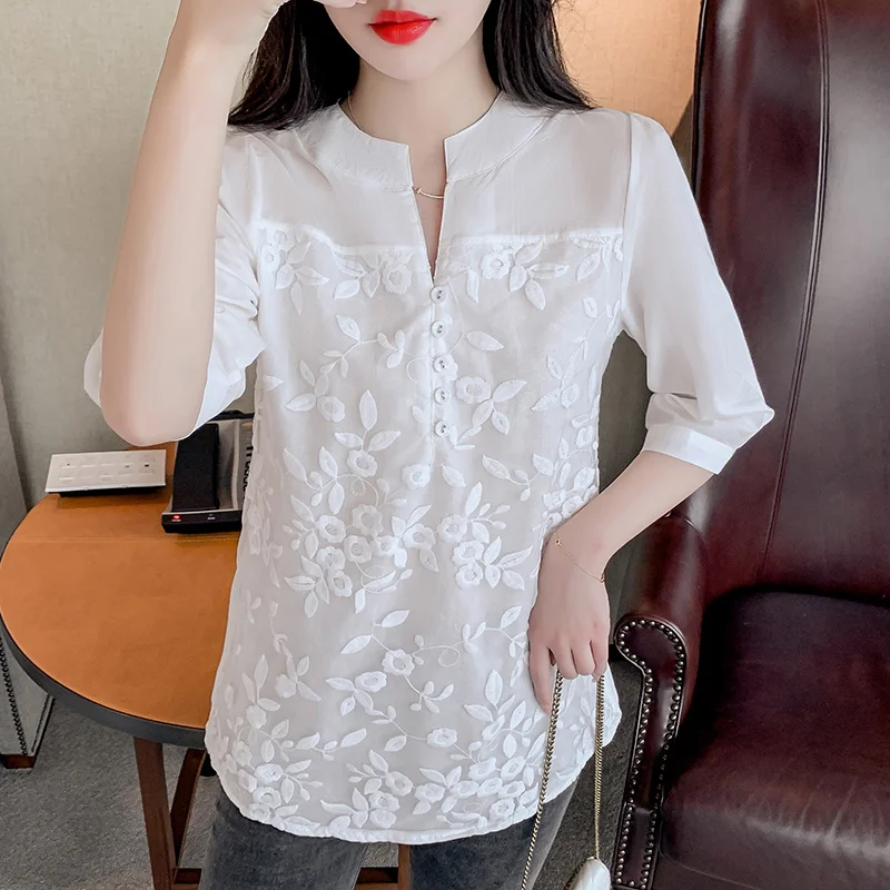 

2022 Summer White Blouse New Korean Version Organza Embroidered Flower Shirt Women's Mid-Length White Short-Sleeved Blouse