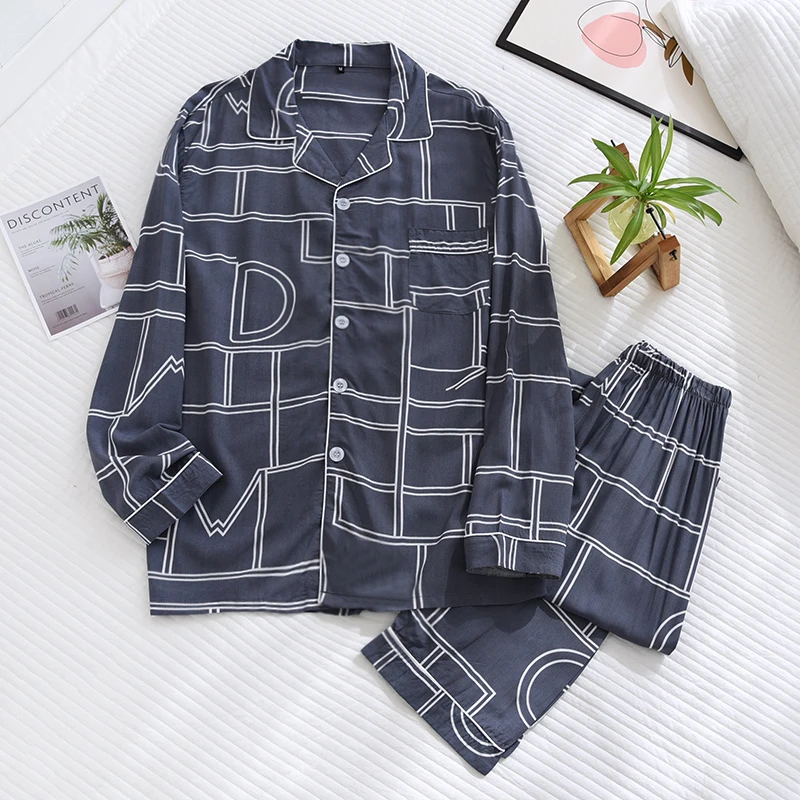 New Spring Summer Male Thin Plus Size Nightwear Geometric Cardigan Homewear Long Sleeved Trousers Viscose Pajamas For Men Sets