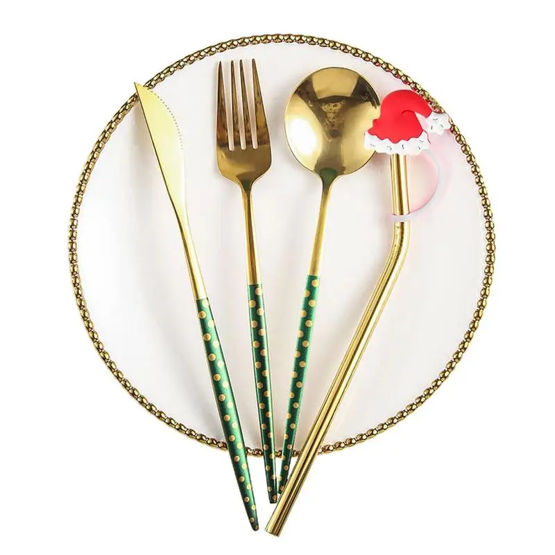 

Набор рождественских столовых приборов, 4 шт., вилки, ложки, набор из Золотой соломы, зеркальные Лаки, столовые приборы, столовая посуда
