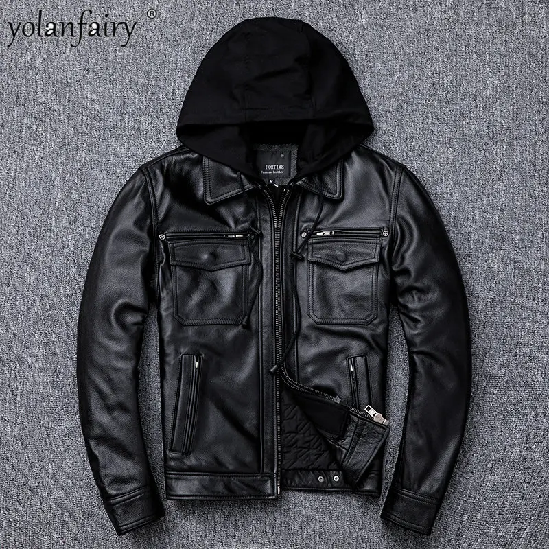 

Pure Cowhide Leather Jacket Men Slim Lapel Detachable Hood Motorcycle Jackets Man Coat Thick Winter Autumn Clothes 6XL FCY4620