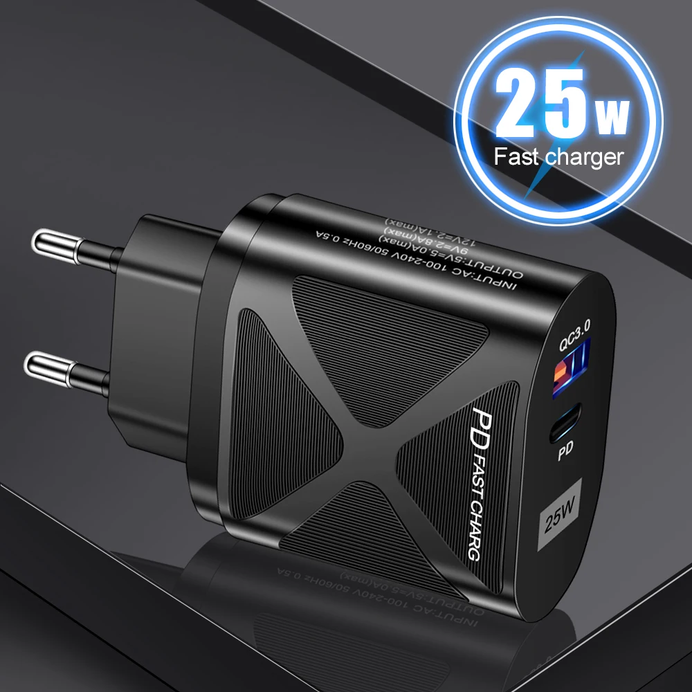 

Us Uk Eu Plug 2-port Usb Charger Universal Pd Fast Charge Type-c Adapter 5a Fast Charging Phone Charger Adapter 25w Pd Charger