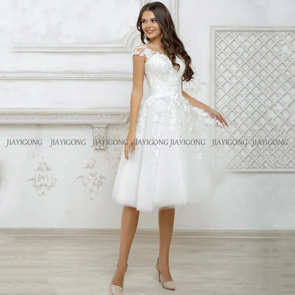 

Jiayigong Short Wedding Dress Cap Slevee O Neck Vintage Lace Applique A Line Bride Dresses Illusion Back Tulle Bridal Gown