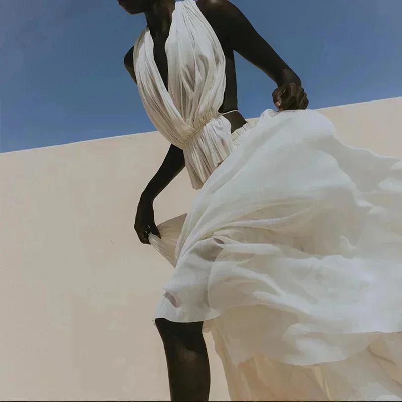 Женские сексуальные марлевые костюмы с лямкой на шее плиссированный укороченный