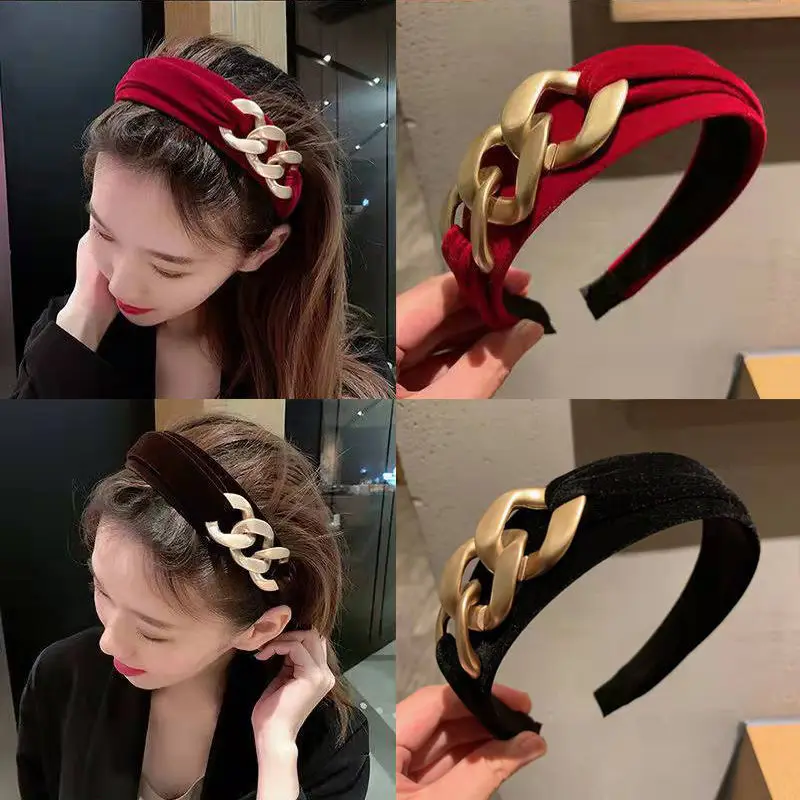 

Metal Ring Hairbands Velvet Fabric Elegant Headband Wide Hair Accessories For Women Vintage Autumn Winter Headwear Decoration