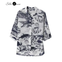 silk printed shirt womens loose and versatile mulberry silk medium sleeve shirt design sense of minority top spring new style