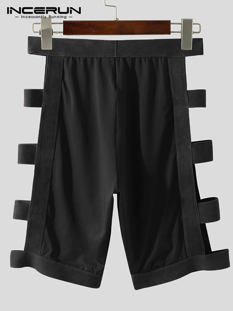 INCERUN Men Sleep Shorts Solid All-match Hollow Homewear Elastic Waist Sleep Bottoms Sexy Casual 2022 Fitness Male Shorts S-5XL