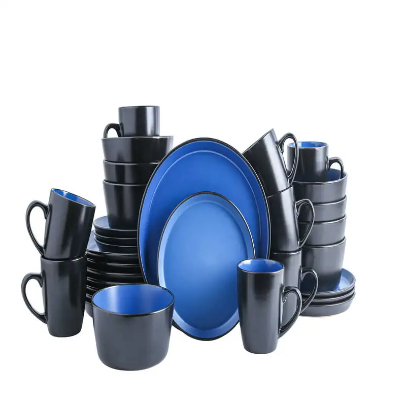 

32 Pieces Stoneware Round Dinnerware Set, Service for 8, 2-Tone Glazed in Black and Black, Modern Dishes