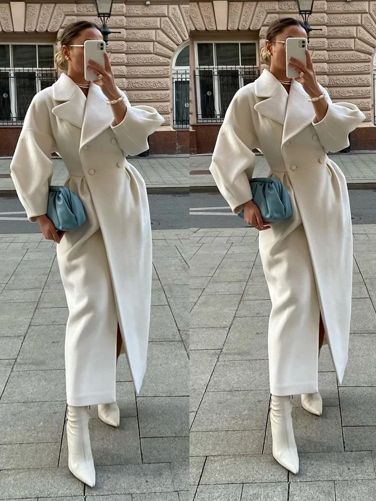 

Autumn Women Woolen Coat Thick Lapel Lantern Sleeve Office Lady Long Jackets Double-Breasted New In Outerwears Female Coats