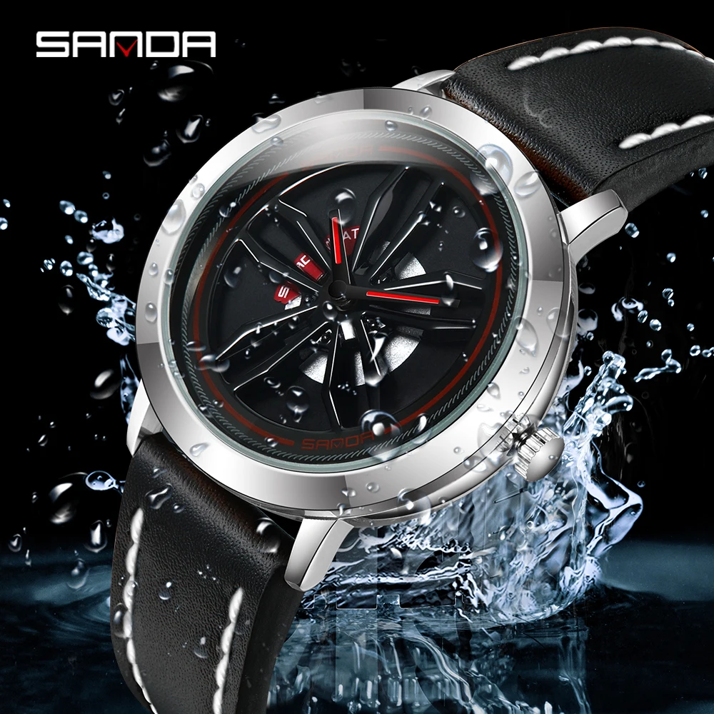 

2022 Fashion Sanda Rotating Car Wheel Dial Sport Watch Men Stainless Steel Case Leather Band Quartz Wristwatch Relogio Masculino