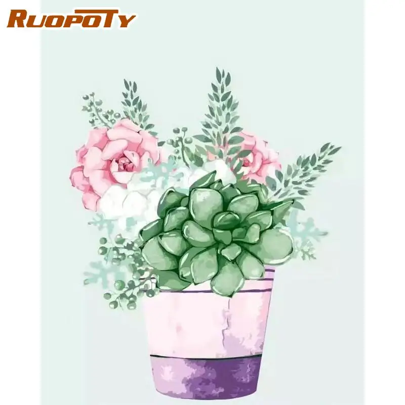 

RUOPOTY Painting By Numbers Flower Succulent HandPainted Drawing Canvas Kits DIY Home Decoration Coloring Number Gift Pictures