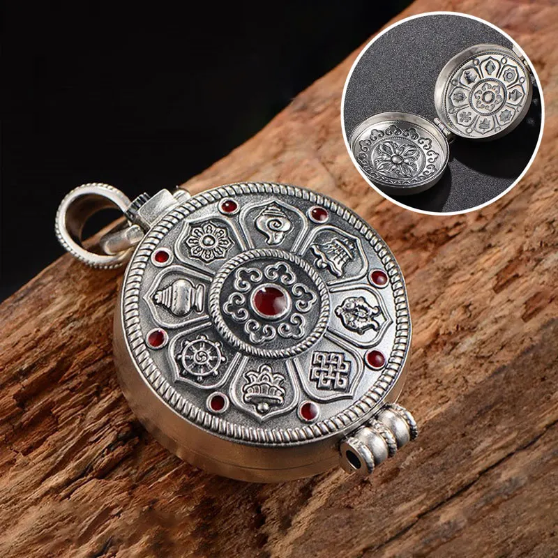 

Vintage Silver Alloy Locket Necklace Lotus Auspicious Six Character Mantra Lucky Rune Reiki Box Pendant Retro Necklace Jewelry