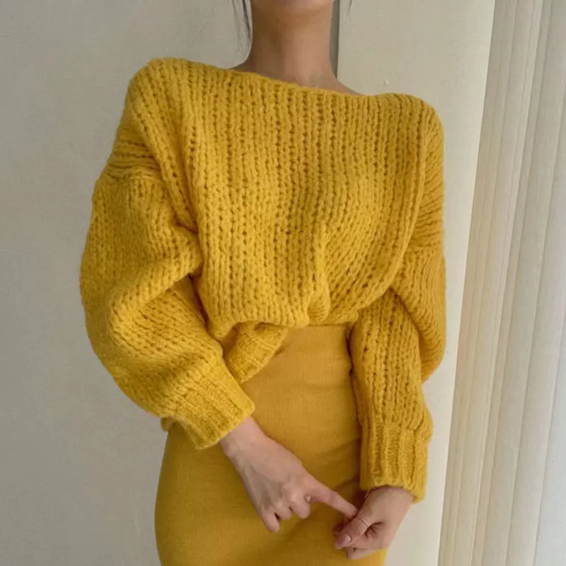 

Винтажный свободный плотный вязаный пуловер, женский свитер с круглым вырезом и длинным рукавом, Женский Повседневный однотонный вязаный Т...