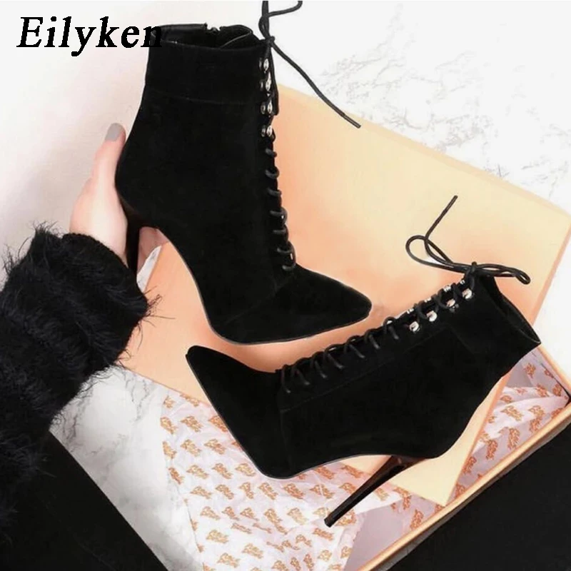 

Eilyken 2023 New Women Pointed Toe Ankle Boots Autumn Winter Cross-tied Zipper Chelsea Booties Party Stripper Ladies Shoes