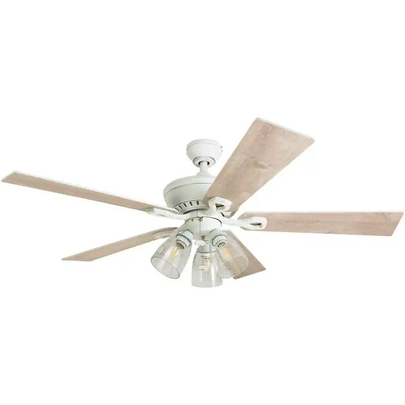 

52" Distressed White Ceiling Fan with 5 Blades, 3 Arm Seeded Glass Light Kit, Pull Chains & Reverse Airflow