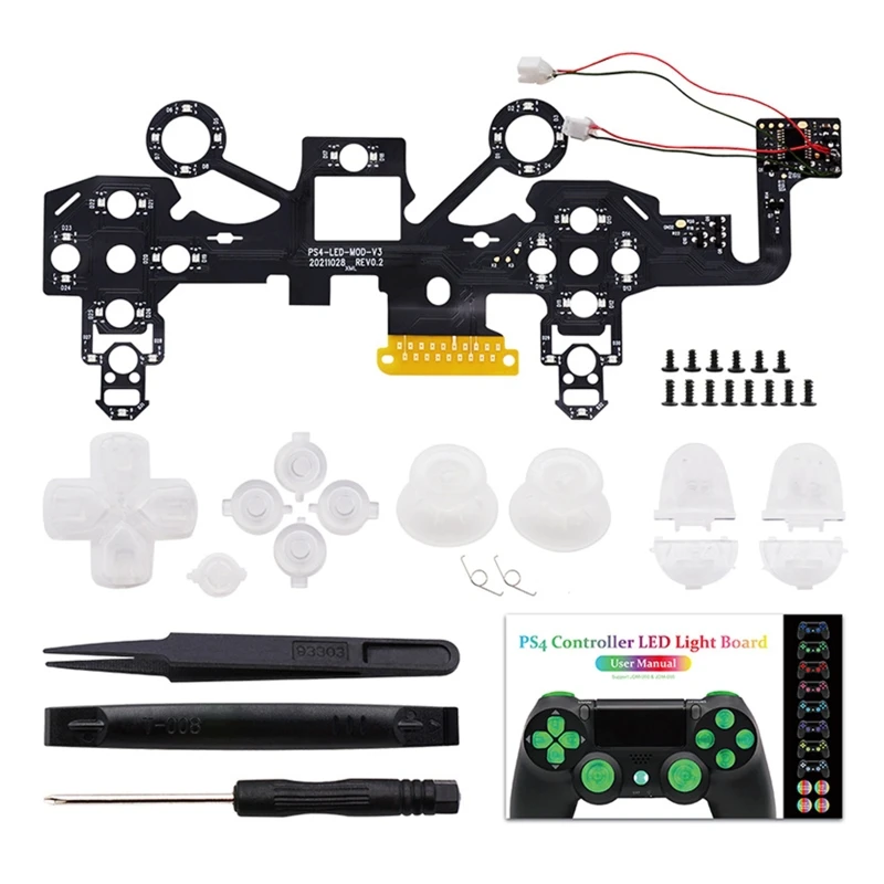 Replacement Button Kit for PS4 Controller 8-Colors Luminated Transparent LED Mod Button Set Thumbsticks D-pad Action