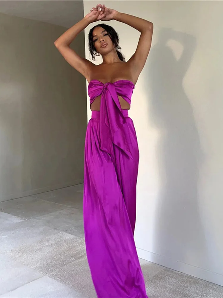 Purple Satin Trousers 2 Piece Sets Outfits for Women Summer Sexy Strapless Top and Long Pants Elegant Matching Sets Club Party