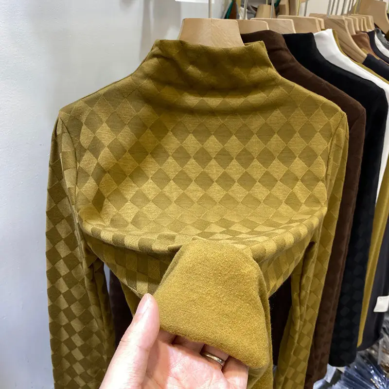 

Женская клетчатая футболка с длинным рукавом, с воротником-стойкой