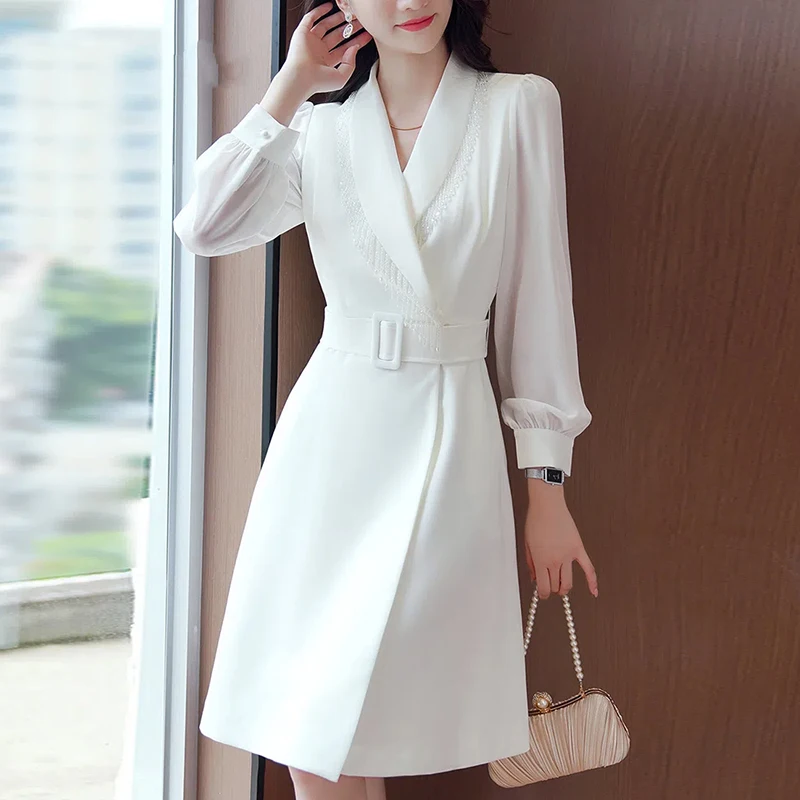 2023 new early autumn women's suit collar slim dress waist waist ladies in long style long sleeve A-line skirt
