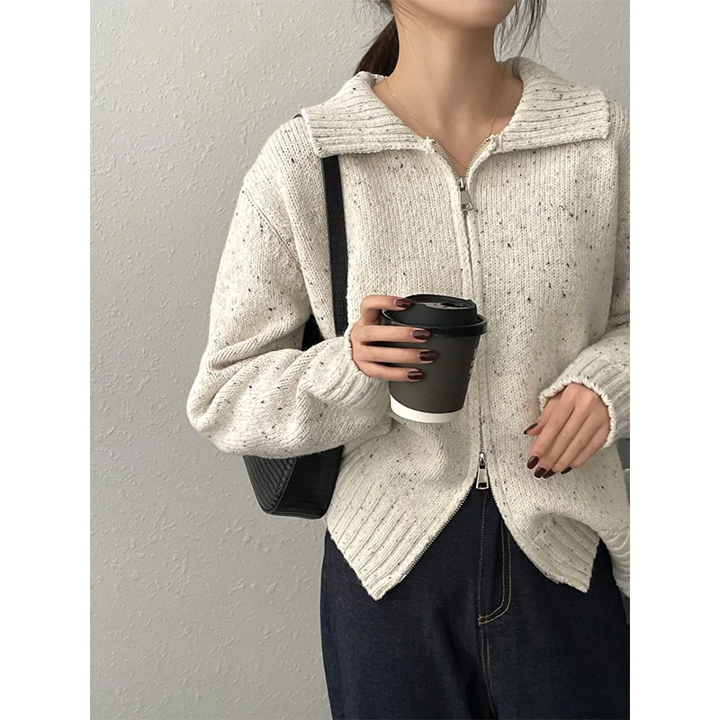 

Женский вязаный кардиган с застежкой-молнией, бежевого и серого цвета, повседневный осенне-зимний свитер, пальто