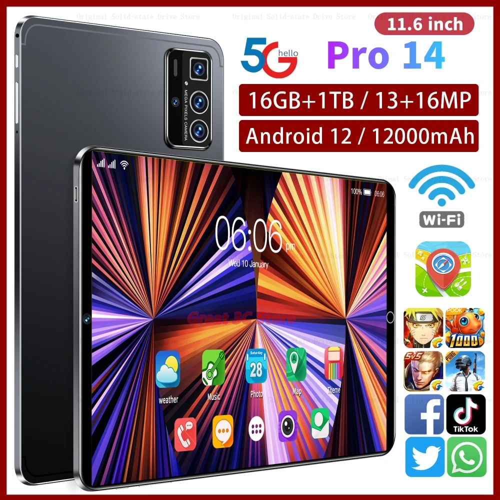 

2023 New Original Global Version Pro 14 Tablet Android 12.0 13+16MP 12000mAh 11.6 Inch Tablets 4G/5G Dual SIM Card Wifi HD Scree