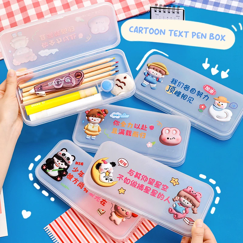 

Transparent Plastic Pencil Box Cartoon Creative Inspirational Text Pen Box For Students Stationary Storage Case School Supplies