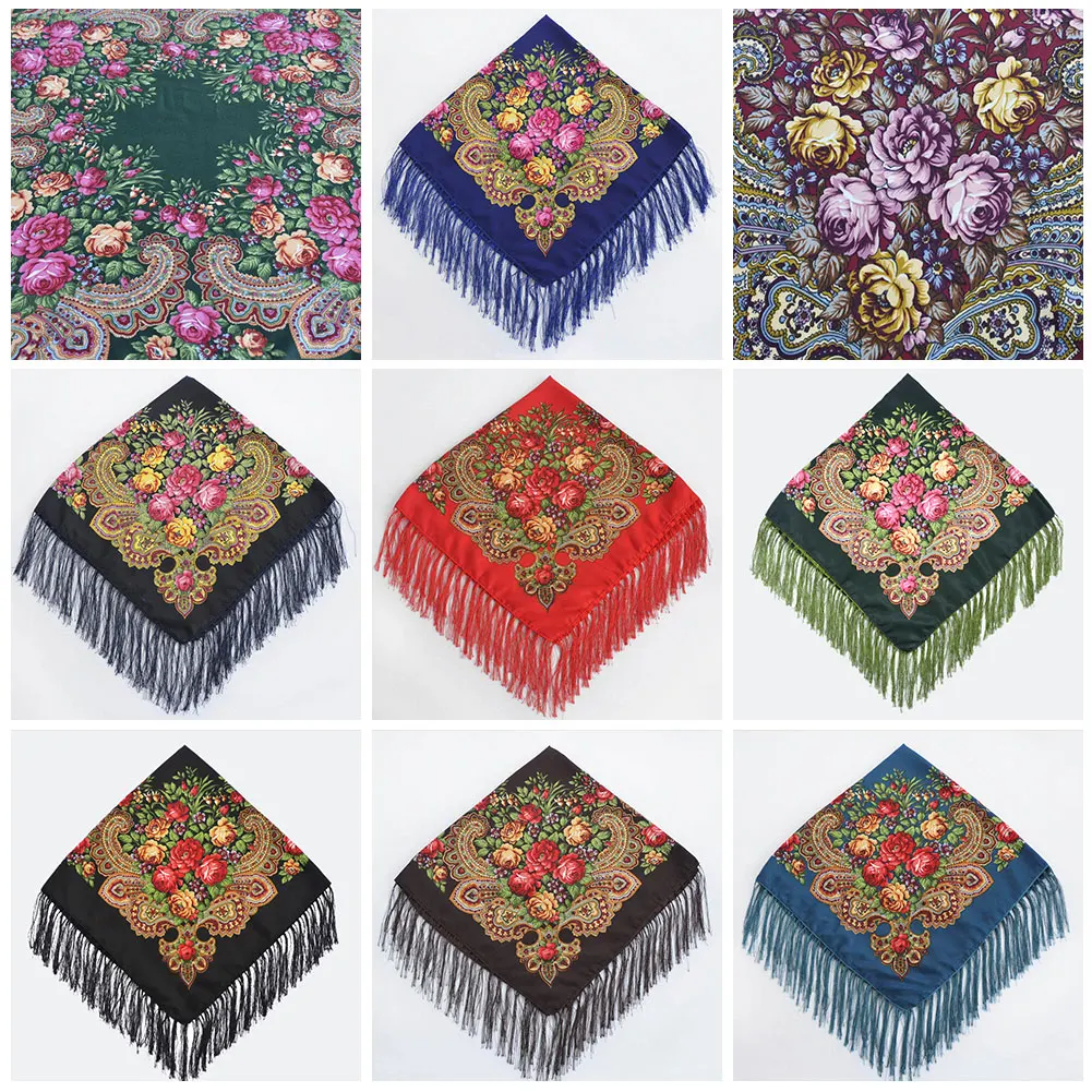 

Babushka Headscarf Ukrainian Scarves Russia Square Scarf Retro Floral Hair Wrap Hijab Tassel Scarf Winter Cotton Shawl Israel