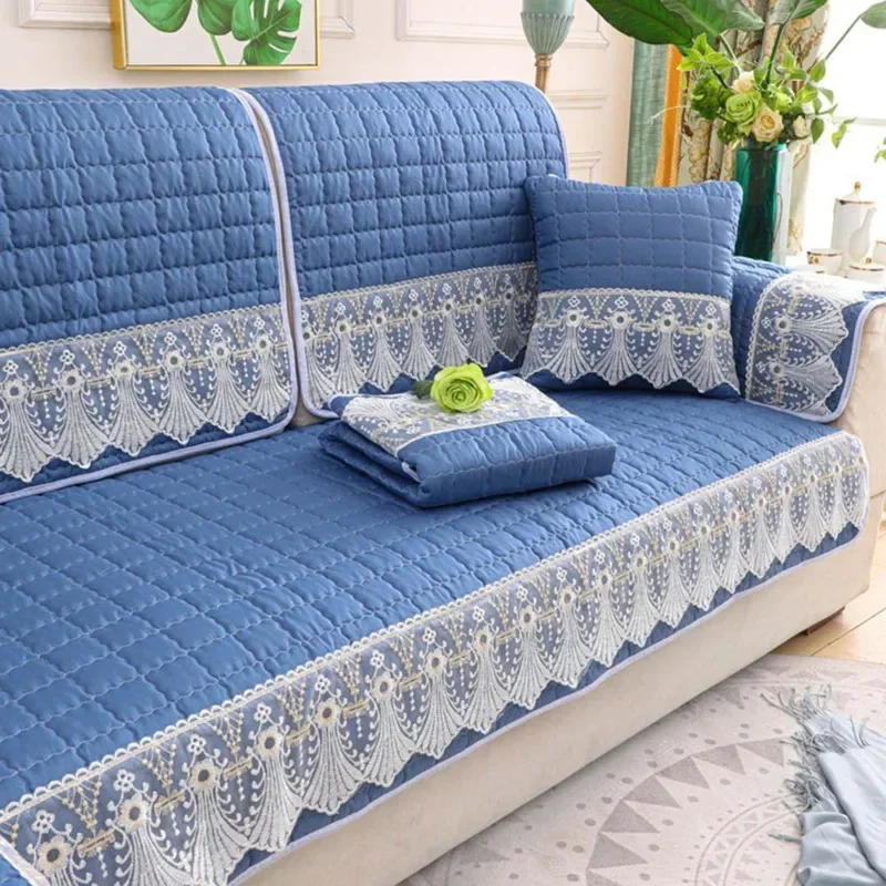 Хлопковый стеганый чехол для дивана цветочный синий клетчатый секционный
