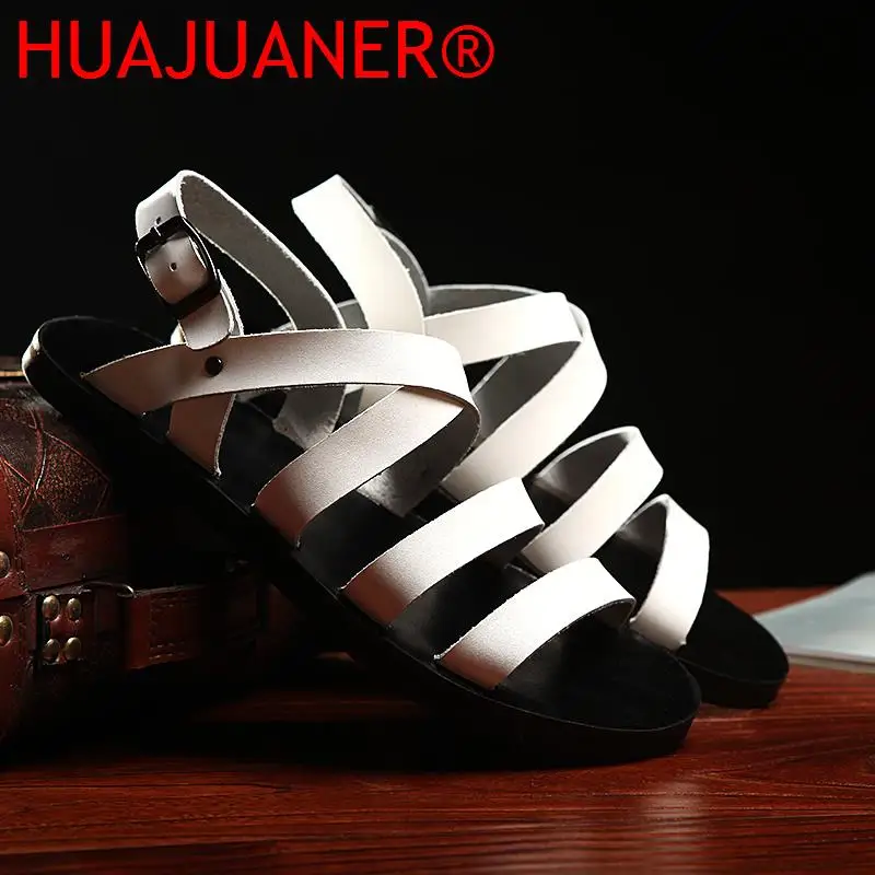 Сандалии мужские из натуральной кожи плоская подошва открытый носок Римский