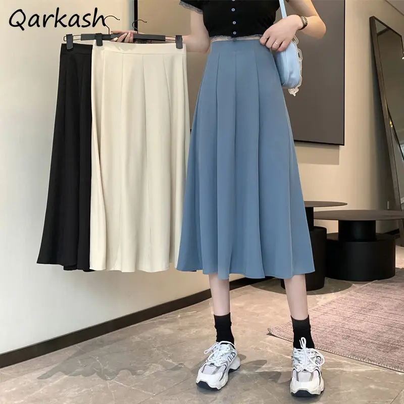 

Skirts Women M-4XL Knee-Length Loose Casual Korean Style Solid Back-elastic Waist Fashion Leisure Simple Newly Elegant Summer
