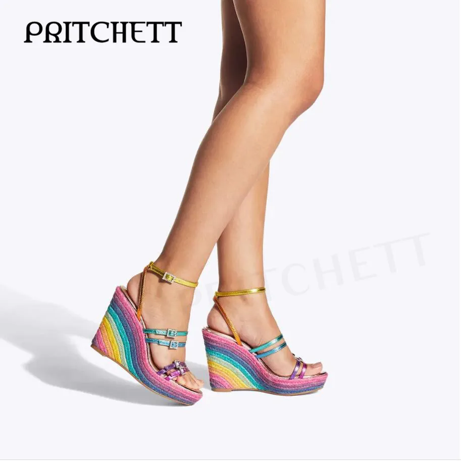 Rainbow-Print Espadrille Leather Wedges Sandals Silver Gemstone Buckle Strap Sandals Ankle Button Buckle Fashion Ladies Shoes