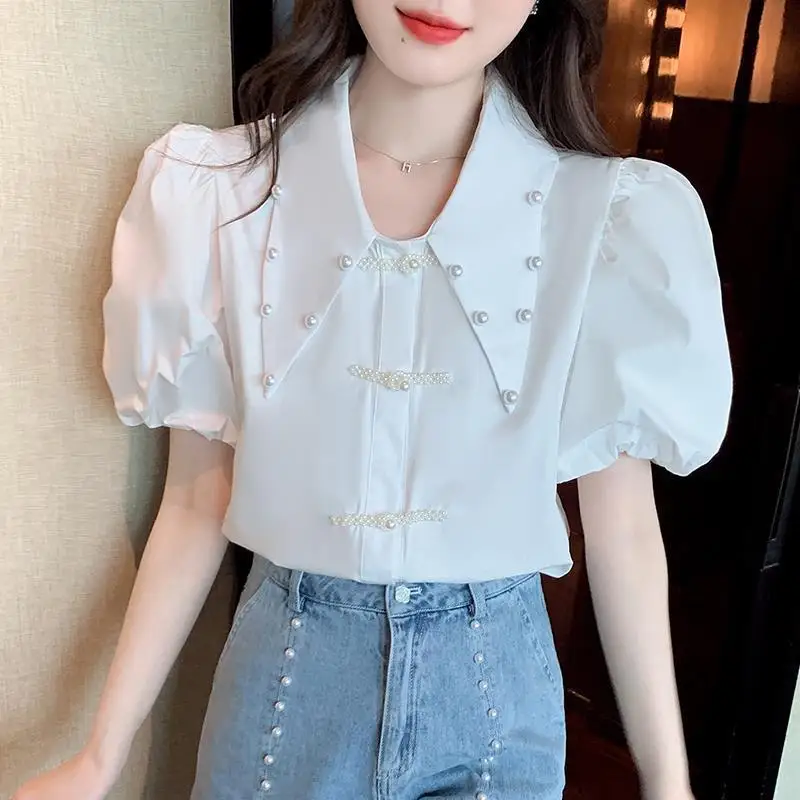 beaded pointed collar shirt  design niche 2022 new chic French puff sleeve top Streetwear Solid  blouses for women fashion 2022