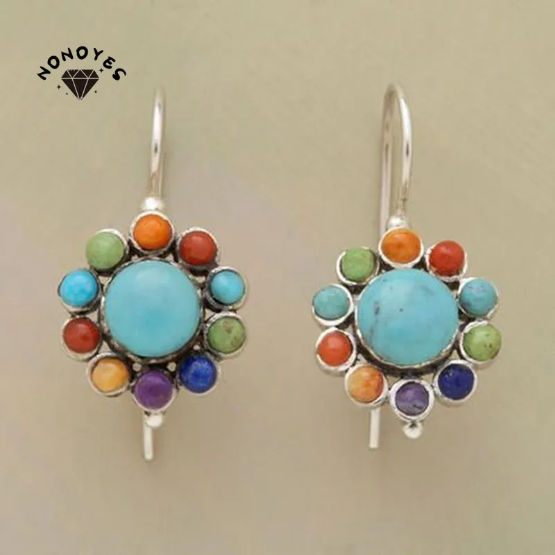 

New Vintage Silver color Metal Multicolor green stone Round Earrings Ethnic Personality Drop Earrings for Women
